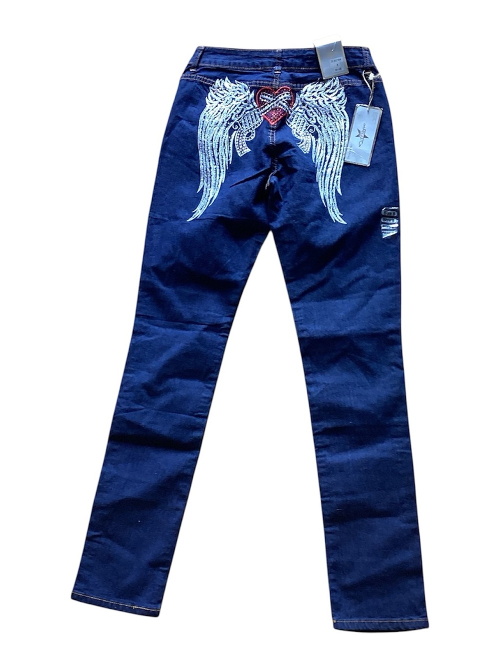 NWT Y2K Impression Angel Wing Rhinestone Heart Denim Jeans Womens Size 8